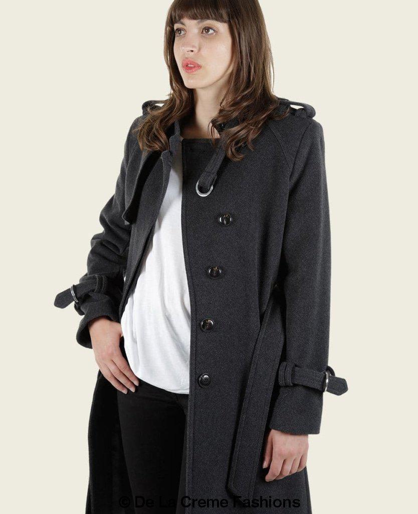 Rose Eleusis Ventura collarless trench coat displayed on a hanger, tailored stylish design with sleek fabric and modern silhouette.