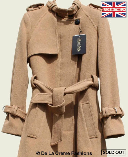Camel collarless trench coat by Rose Eleusis, tailored stylish design, long sleeves, and sleek silhouette for a sophisticated look.