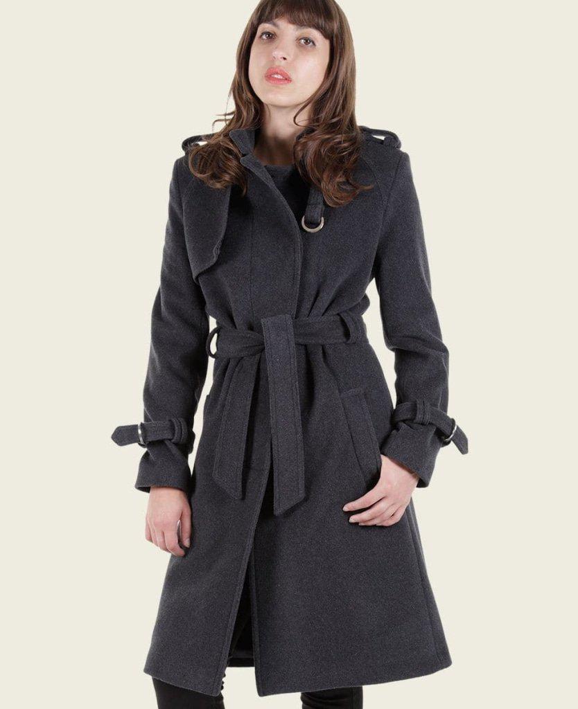 Rose Eleusis Ventura tailored collarless trench coat, stylish jacket with sleek design and smooth fabric, displayed on a hanger.
