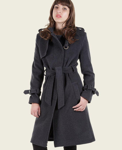 Rose Eleusis Ventura tailored collarless trench coat, stylish jacket with sleek design and smooth fabric, displayed on a hanger.