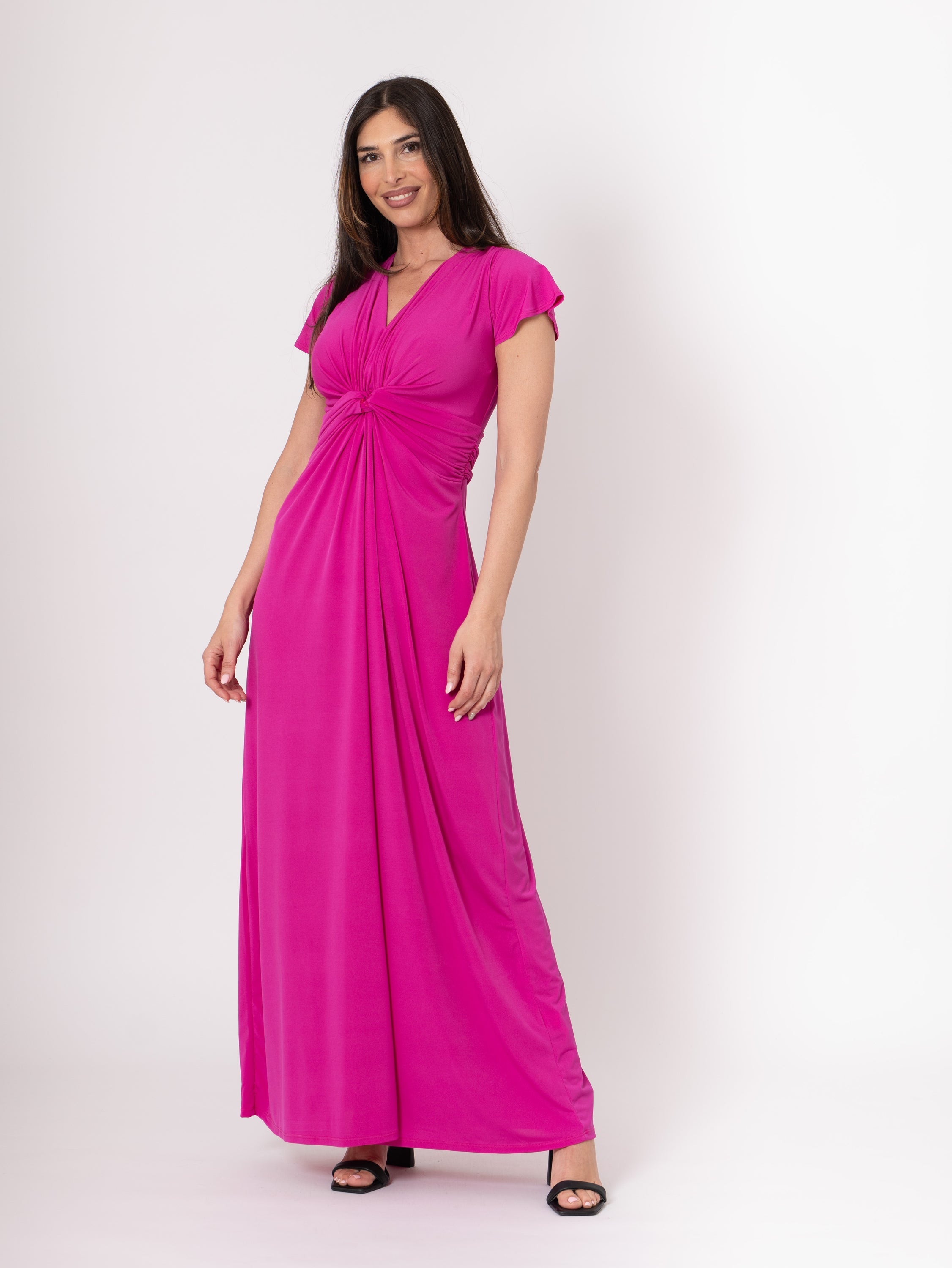 Long fuchsia knot dress for women by Taupe Broadleaf, featuring a sleek, solid color design and comfortable fit.