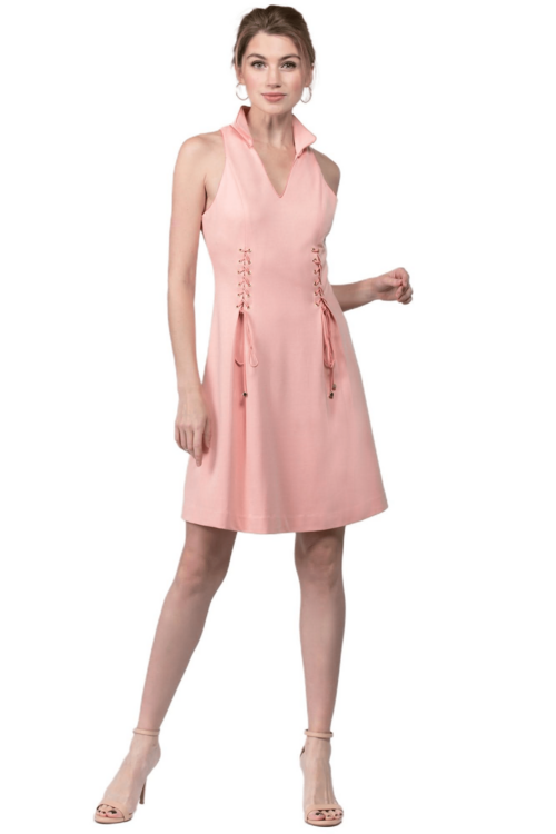 Peach Dionysus Vienna Dress, fit and flare style with wing tip collar, elegant women&