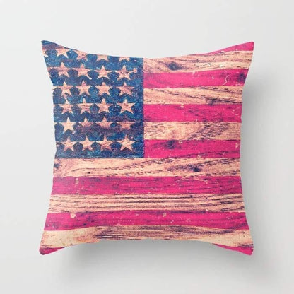 Vintage pink patriotic American flag pillow by Scorpius with retro wood design, perfect for textiles and home decor accents.