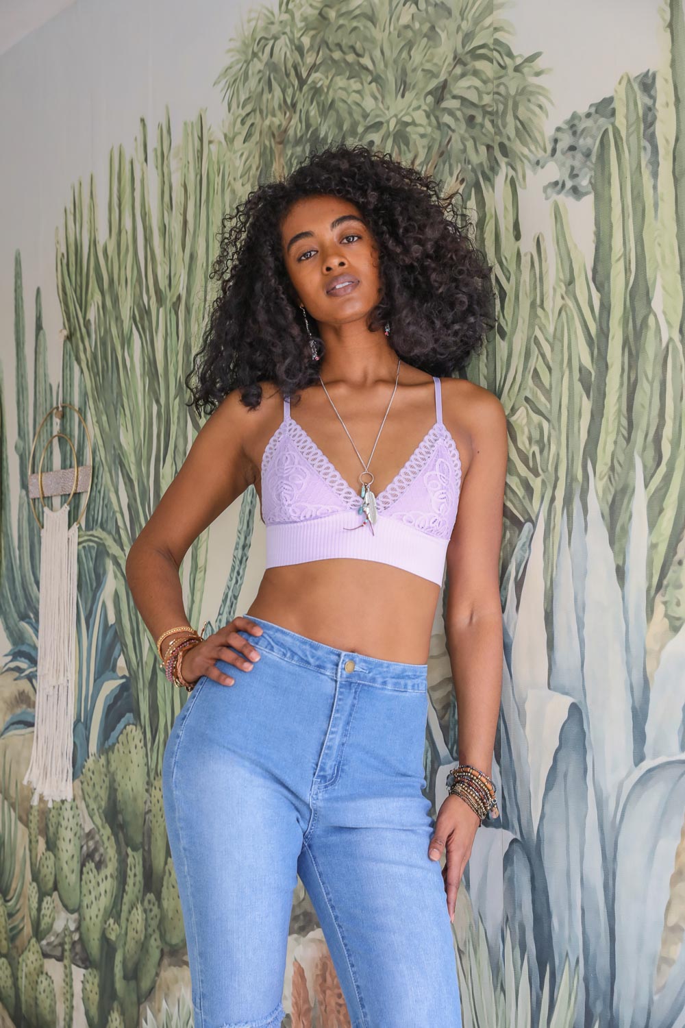Periwinkle Aether lace brami with waistband loop, feminine stretchy cami top, featuring delicate lace details and a fitted silhouette.