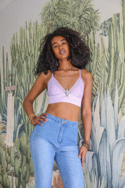 Periwinkle Aether lace brami with waistband loop, feminine stretchy cami top, featuring delicate lace details and a fitted silhouette.