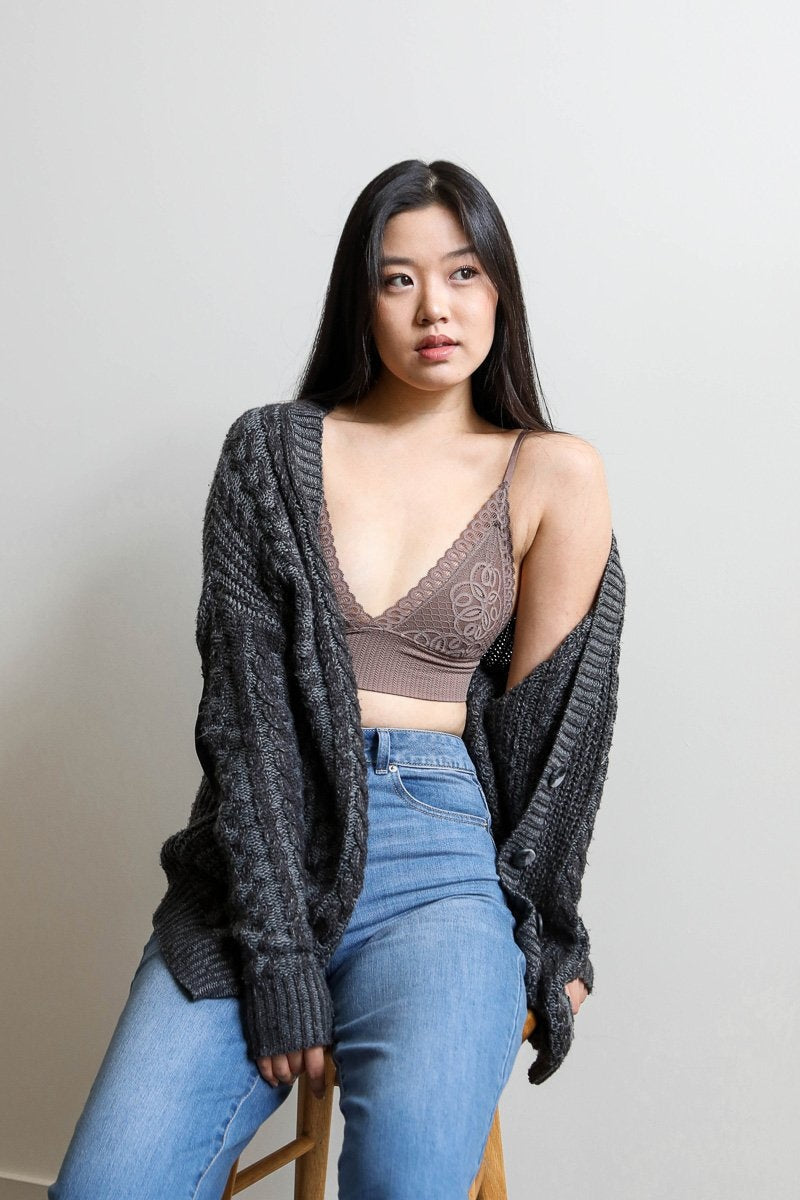 Periwinkle Aether lace brami with waistband loop, feminine stretchy cami top featuring lace details and comfortable fit.