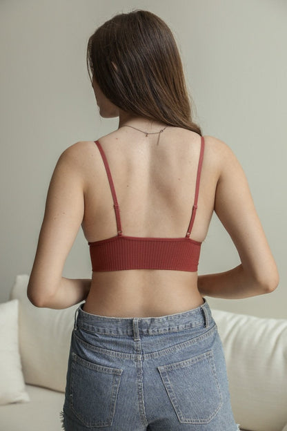 Periwinkle Aether lace brami with a waistband loop, feminine stretchy cami top featuring lace details and a comfortable fit.