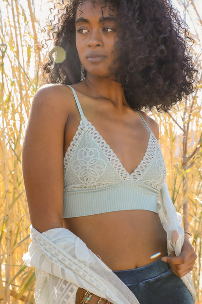 Periwinkle Aether lace brami with waistband loop, feminine stretchy camisole lingerie top featuring lace details and comfortable fit.