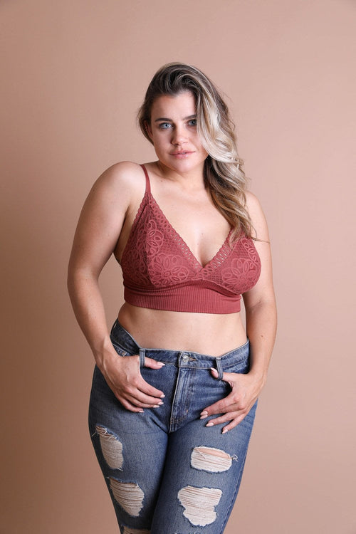 Plus size lace brami by Periwinkle Aether featuring a waistband loop, stretchy floral lace, and elegant camisole design.