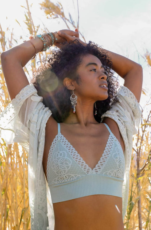 Sage green Periwinkle Aether lace brami with waistband loop, stretchy feminine cami top, designed for comfort and style.