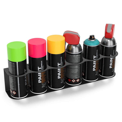 Crimson Astraeus wall-mounted aerosol spray can holder for six paint cans, organized and easily accessible.