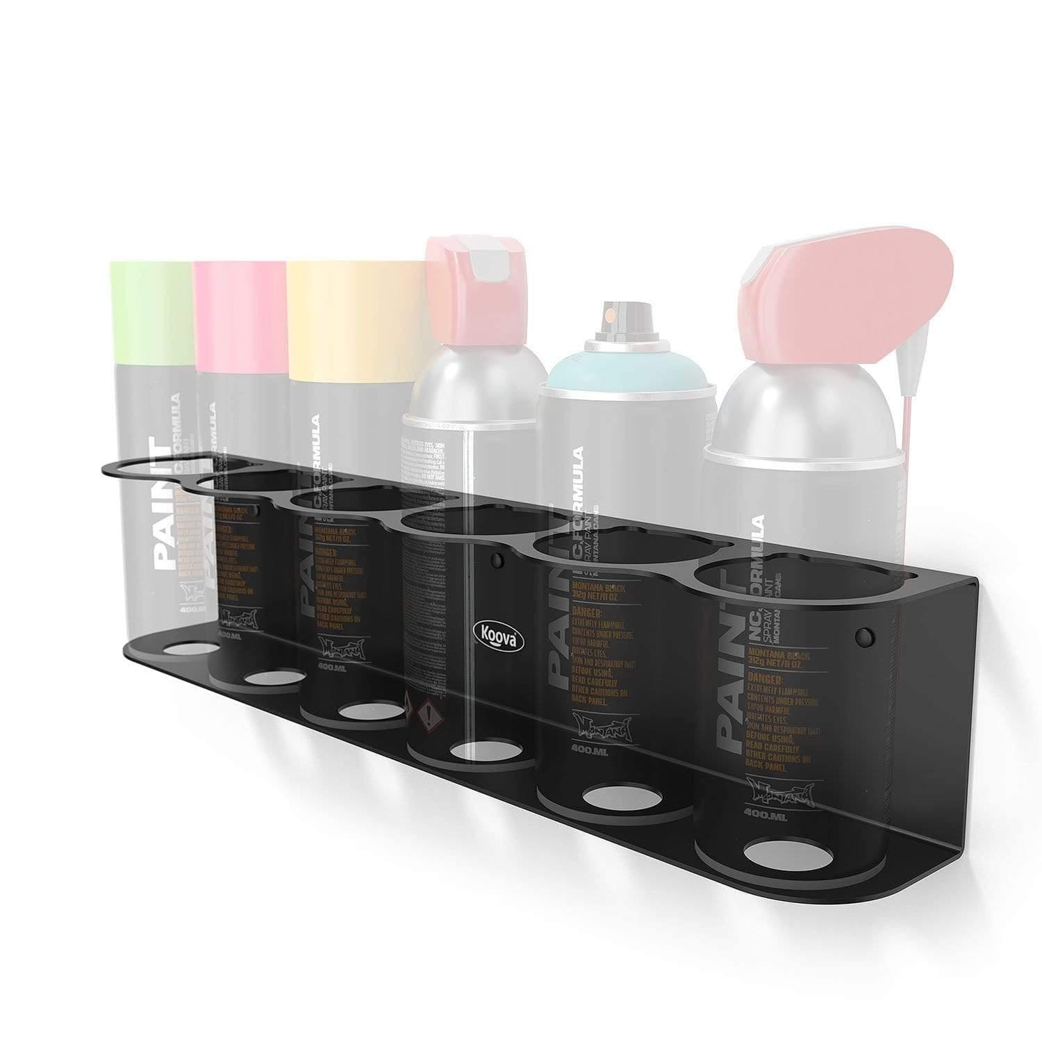 Wall-mounted Crimson Astraeus aerosol spray can holder for six cans, organized and easily accessible.