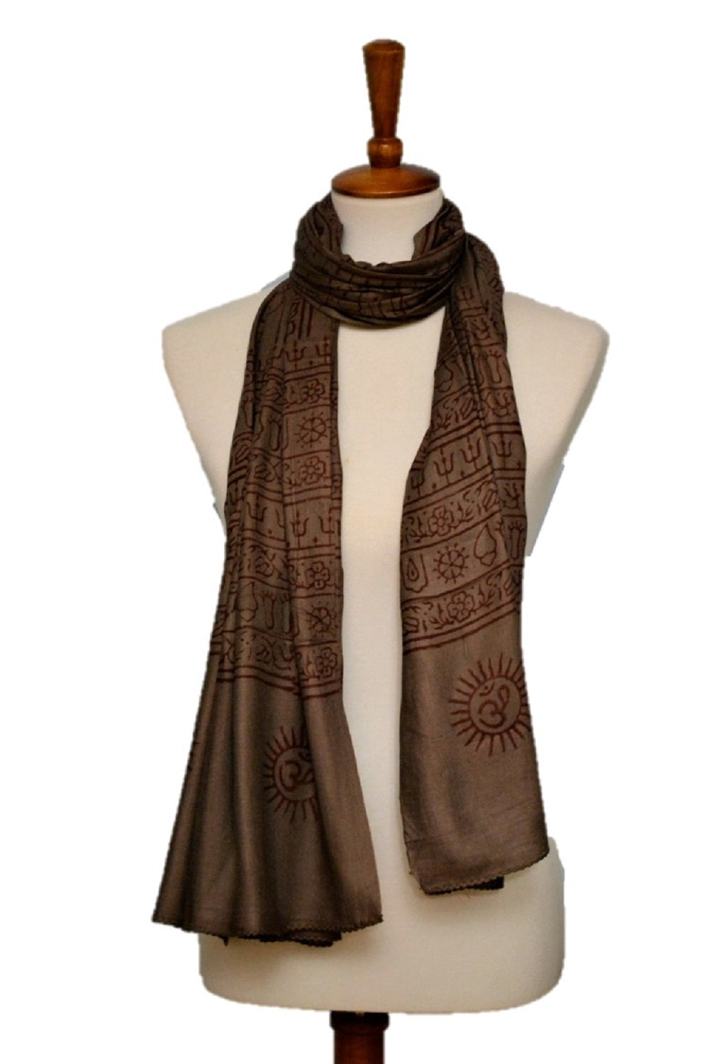Alabaster OM Yoga meditation mantra prayer shawl in walnut color, large scarf with intricate patterns for yoga and meditation.