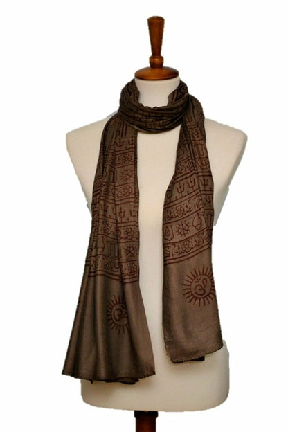 Alabaster OM Yoga Meditation Mantra Prayer Shawl in walnut color, large size, featuring intricate patterns, made for meditation and prayer.