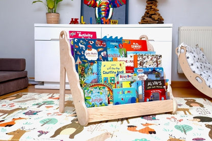 Red Oceanus wooden bookshelf with wave design in small, medium, or large size, showcasing a stylish and functional furniture piece.