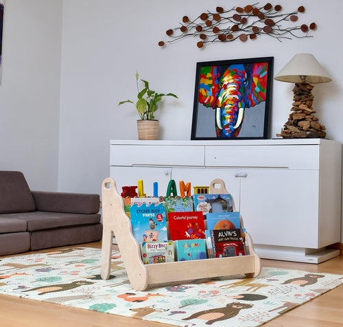 Red Oceanus wooden bookshelf with wave design in small, medium, and large sizes, showcasing stylish, functional furniture for home or office.