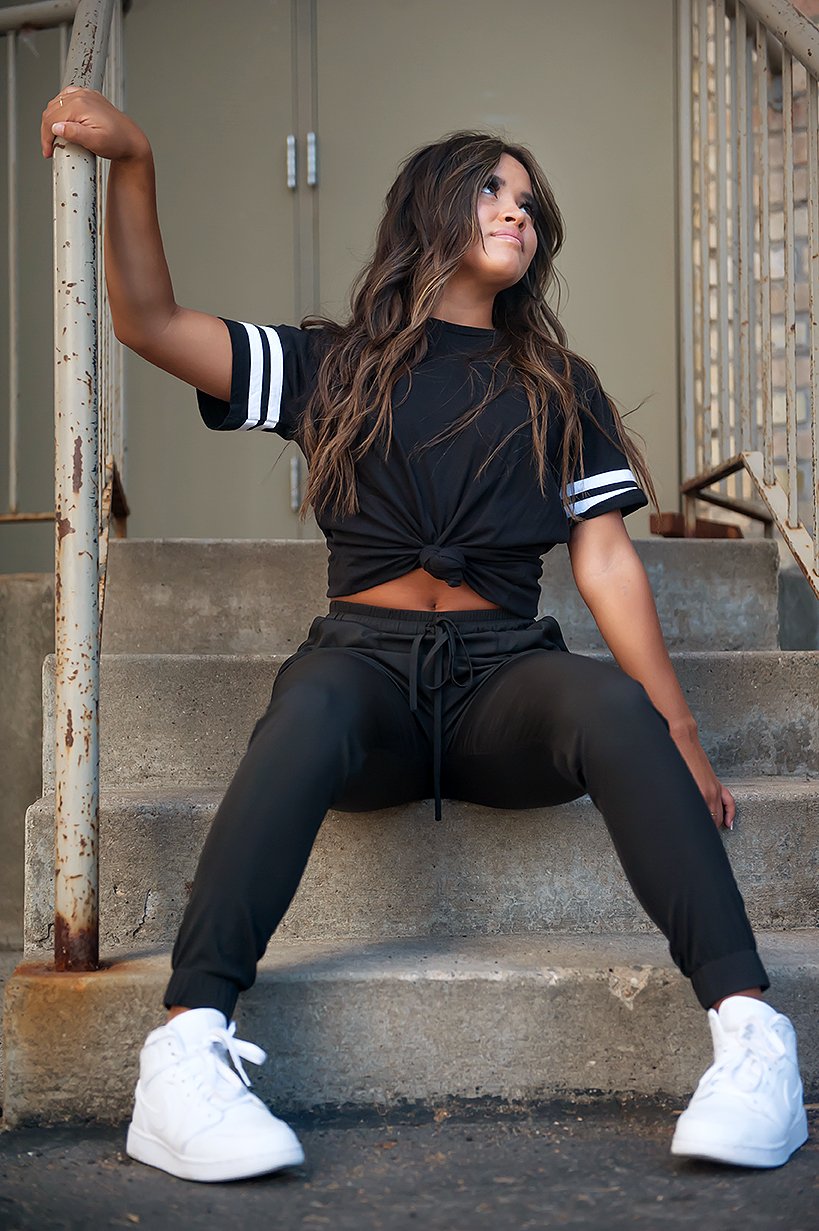 Lavender Danae DT UPTOWN lightweight black joggers for women, showing a comfortable fit and casual style.