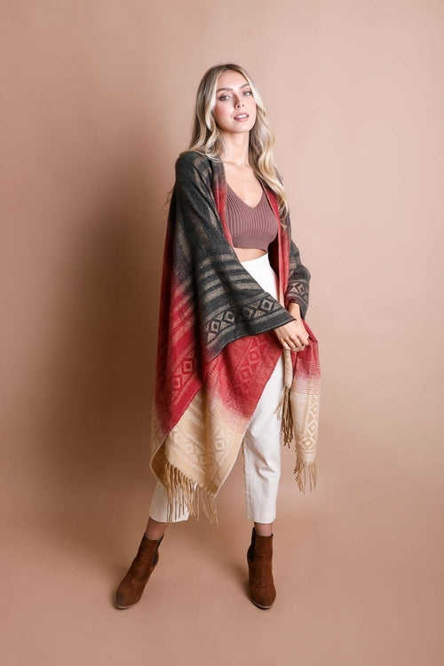 Colorful Western-style tassel serape accessory in berry tones with vibrant color blends and decorative tassels by Periwinkle Aether.