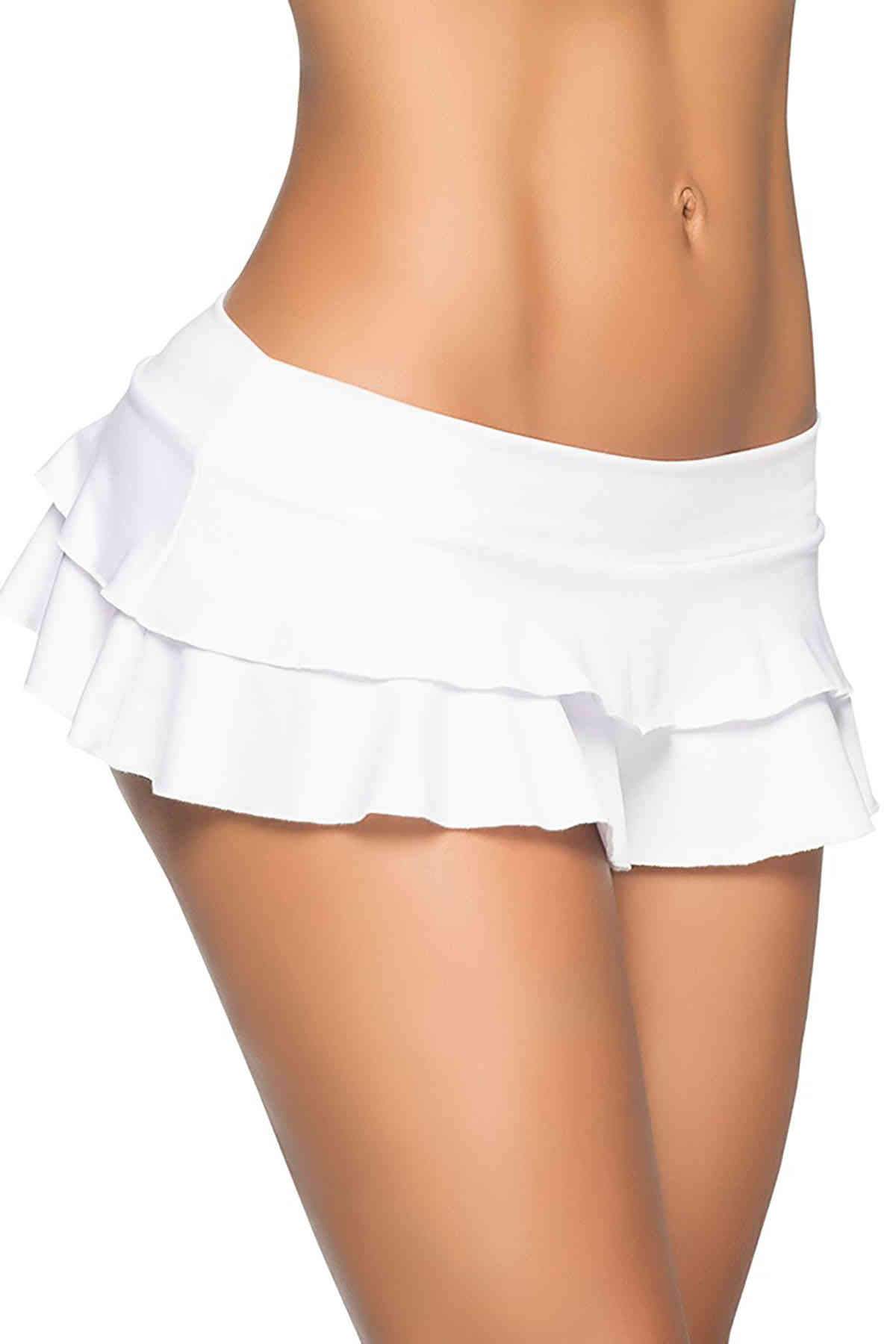 White pleated micro mini skirt for women by Harlequin Icarus, showing its short length and stylish design.