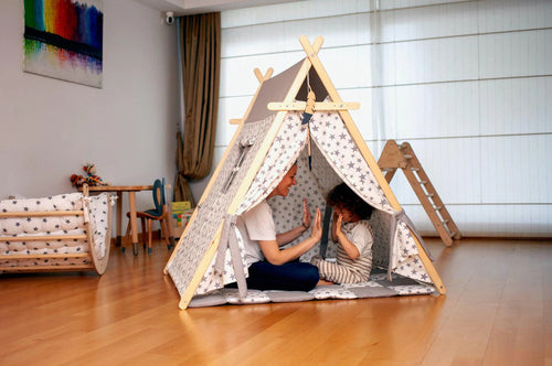 Red Oceanus XL play tent with white star pattern and matching play mat for kids, perfect for indoor play and imaginative fun.