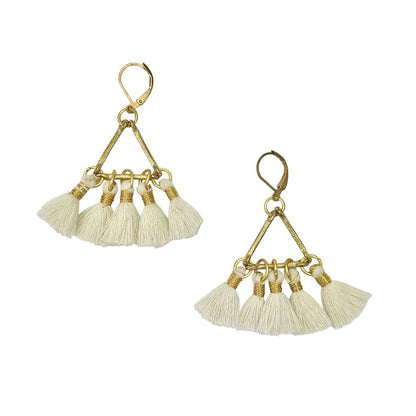 Ariel Lola Fan Earrings featuring white tassels and intricate jewelry design, perfect for stylish accessories.