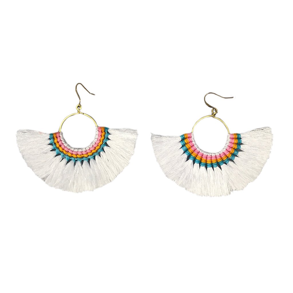 White tassel fan earrings by Ariel, stylish dangle earrings with lightweight tassel design for a trendy look