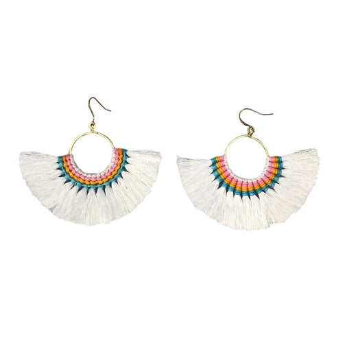 White tassel fan earrings by Ariel featuring layered fabric tassels and gold-tone hooks for a stylish, bohemian look.