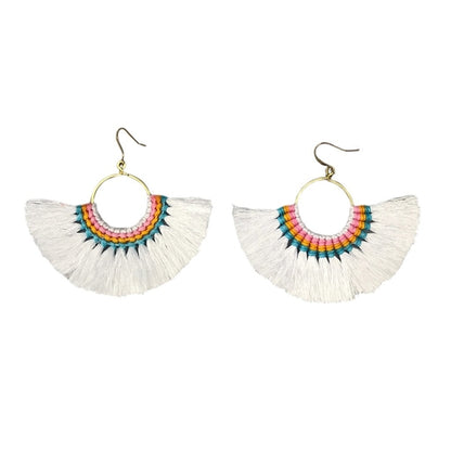 White tassel fan earrings by Ariel featuring layered fabric tassels and gold-tone hooks for a stylish, bohemian look.
