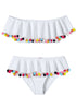 White draped bikini for kids with multicolor pom poms, from Ivory Trillium, featuring a playful and colorful design.