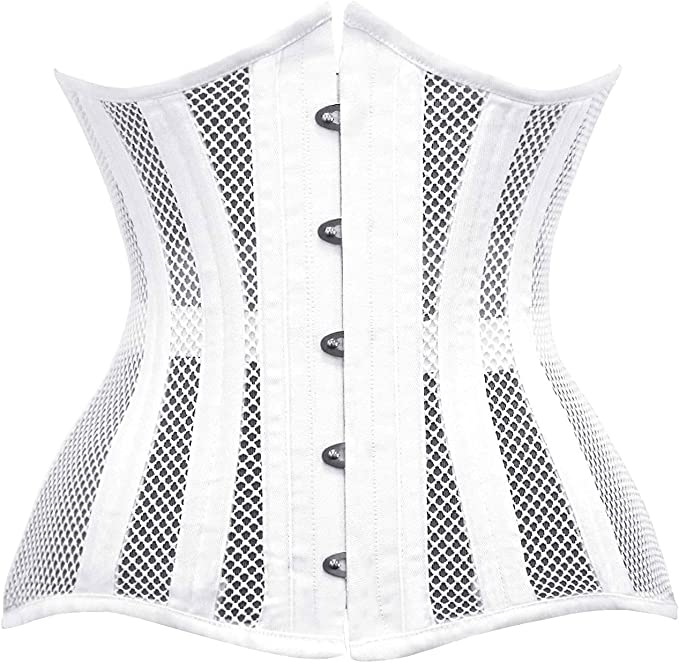 White mesh corset for women by Erin Theia, featuring a fitted design and breathable fabric for stylish support.