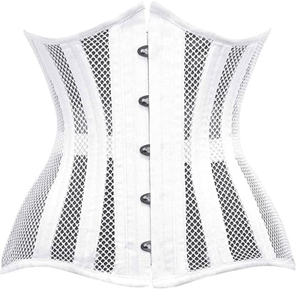 White mesh corset for women by Erin Theia, featuring a fitted design and breathable fabric for stylish support.