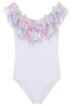 White drape swimsuit with colorful rainbow petal accents for kids, designed by Ivory Trillium.
