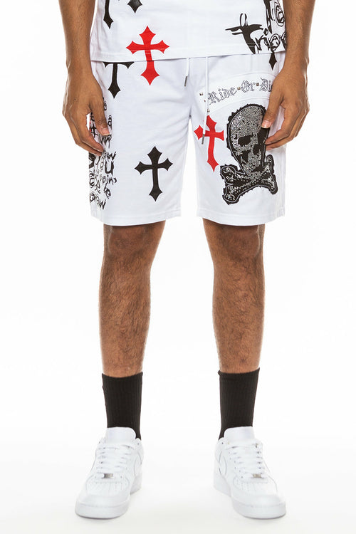 Bejewelled chrome skull shorts for men by Lime Milo, featuring metallic chrome finish and detailed skull embellishments.