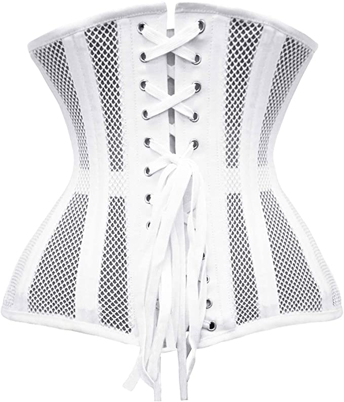 White mesh corset for women by Erin Theia, featuring a fitted design and breathable fabric, ideal for stylish layering and fashion statements.
