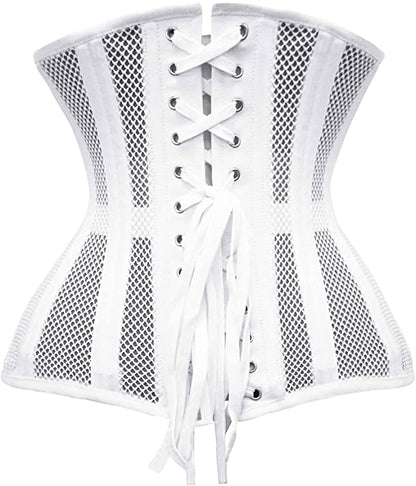 White mesh corset for women by Erin Theia, featuring a fitted design and breathable fabric, ideal for stylish layering and fashion statements.