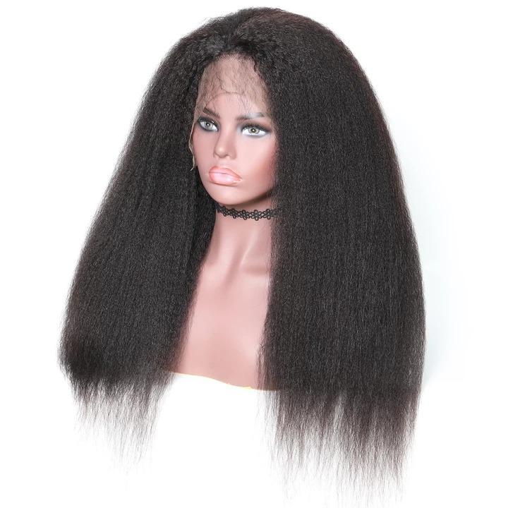 Kinky straight Brazilian human hair lace frontal wig with 13x6 transparent lace, featuring natural hair texture and dark color.
