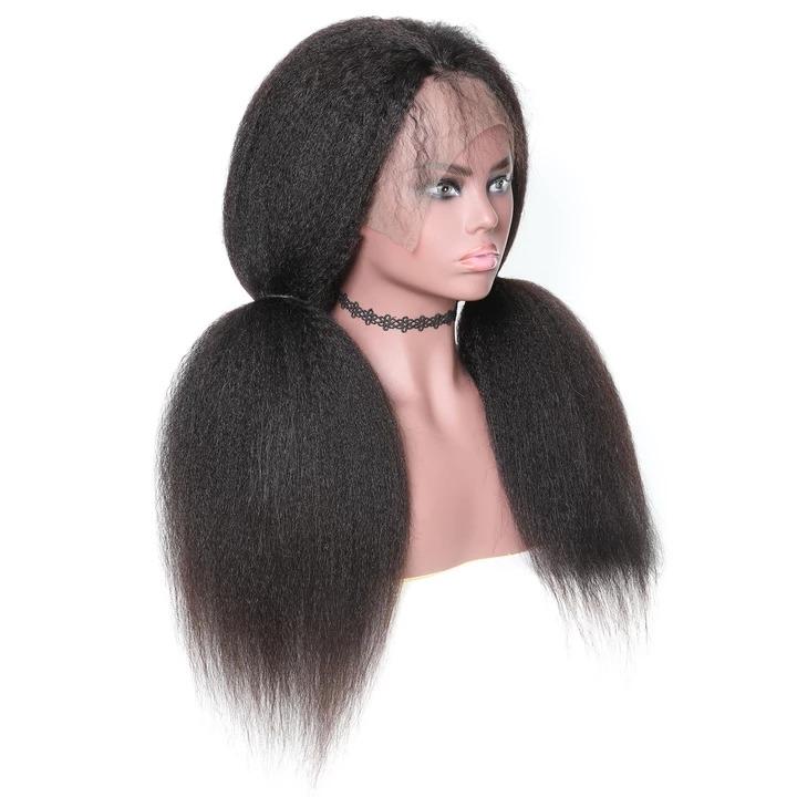 Kinky straight Brazilian human hair wig with 13x6 transparent lace frontal, from Cerise Alfie, showcasing realistic hair texture and lace detail.