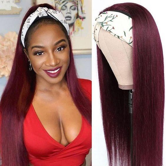 Burgundy Cerise Alfie headband wig with straight human hair, no glue, styled with a matching scarf for easy wear and natural look.