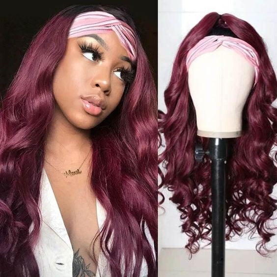 Burgundy headband body wave human hair wig by Cerise Alfie, 