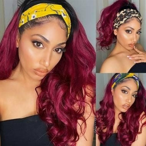 Burgundy headband body wave human hair wig by Cerise Alfie, styled with a scarf, no glue needed, for a natural look.