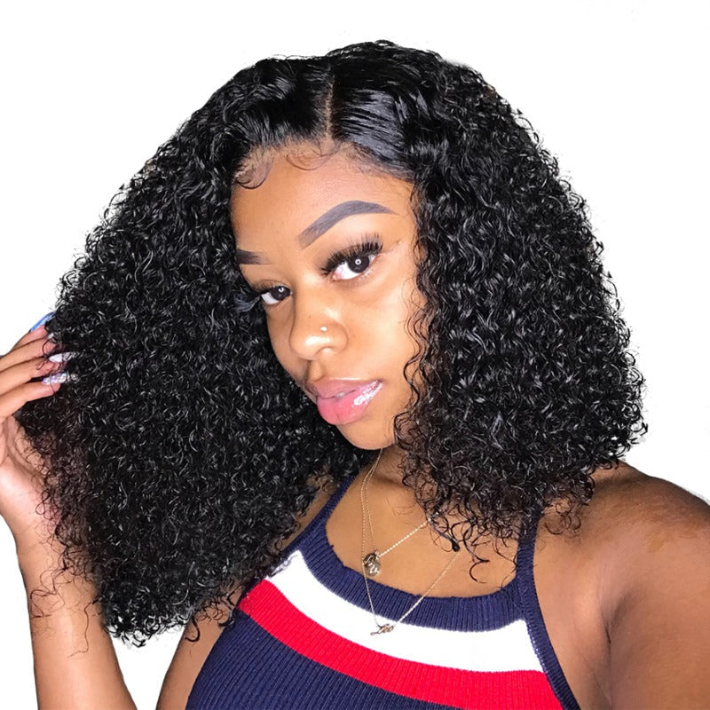 Cerise Alfie 180% density Jerry Curl 4x4 lace front human hair wig with short bob style and 13x4 lace closure.
