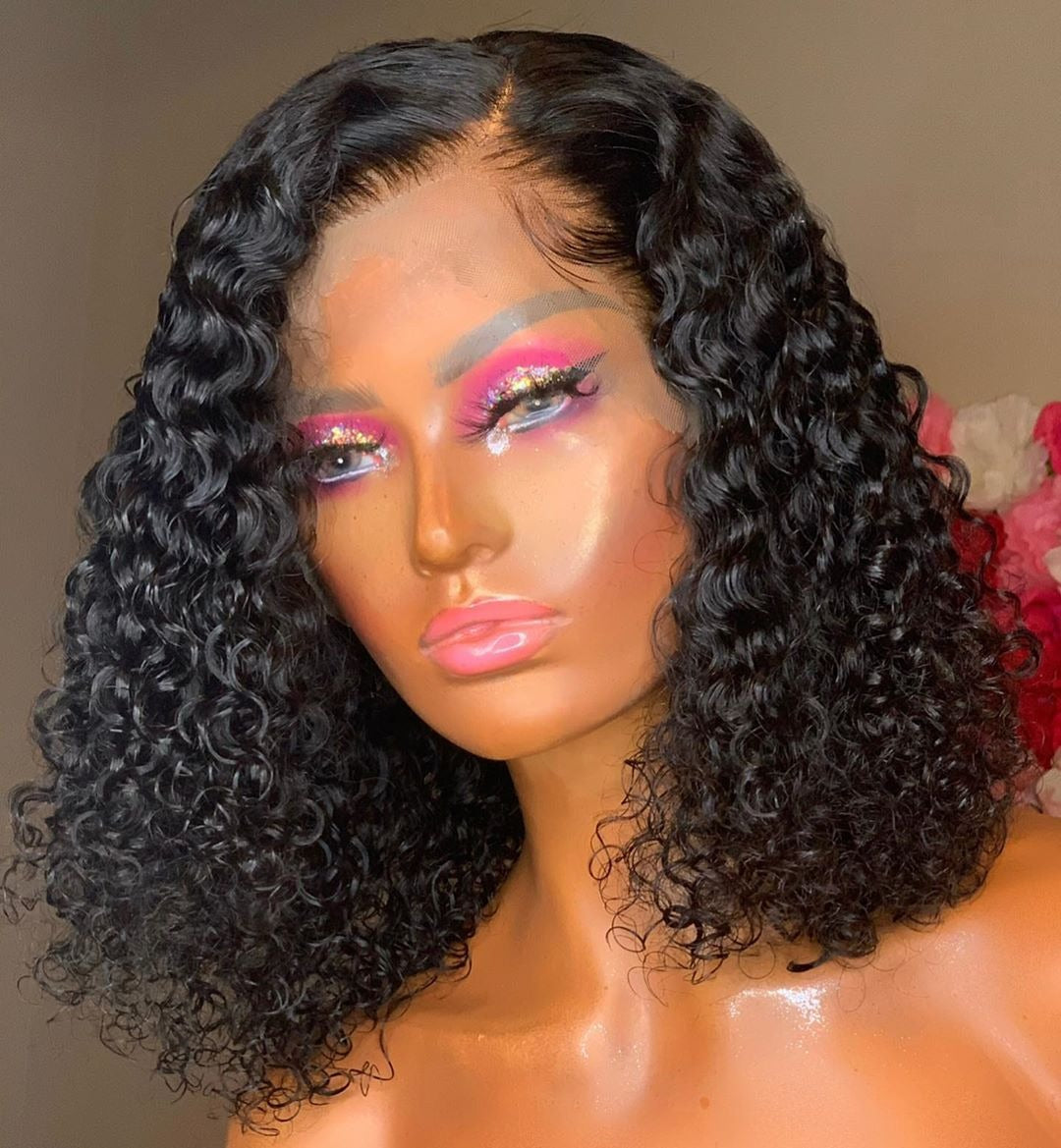Cerise Alfie 180% density Jerry Curl 4x4 lace front human hair wig with short bob style and 13x4 lace front for a natural look
