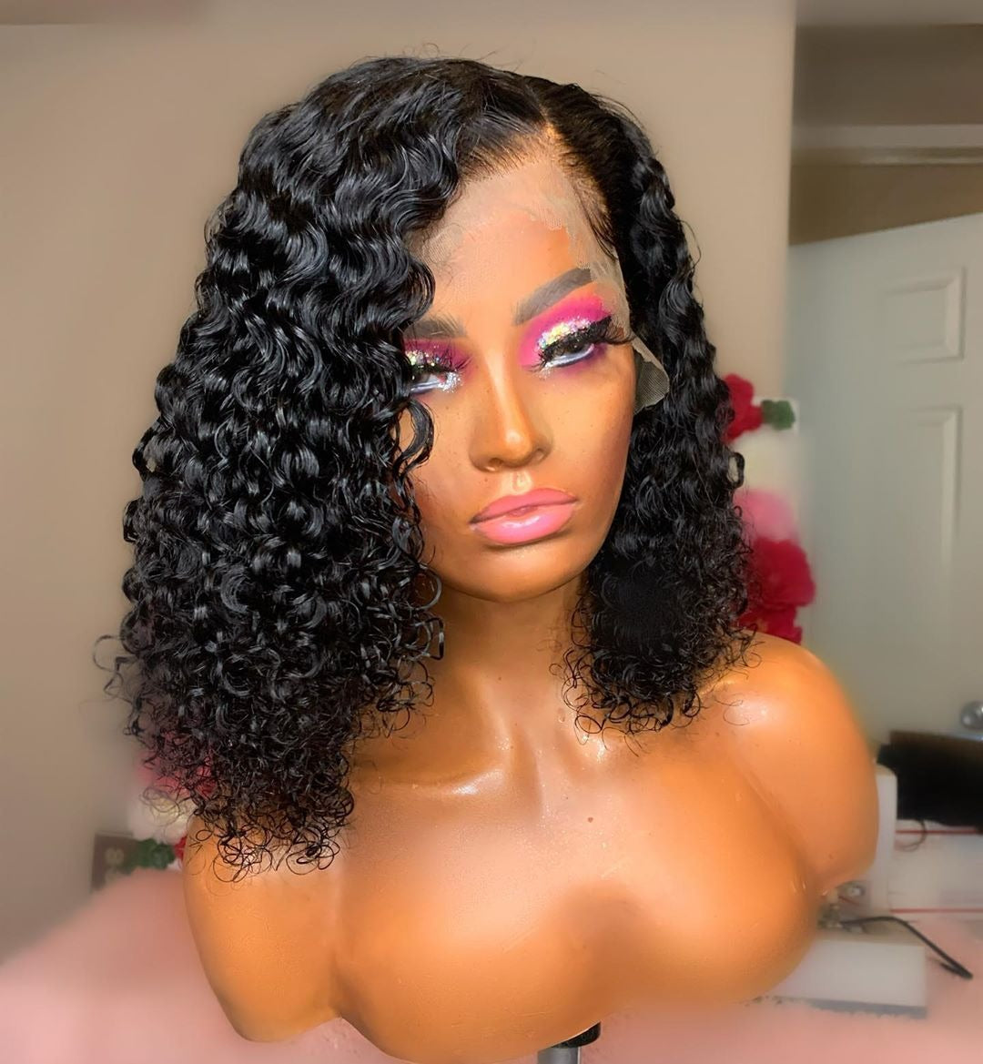 Cerise Alfie 180% density Jerry Curl 4x4 lace front human hair wig with short bob style and 13x4 lace detail.
