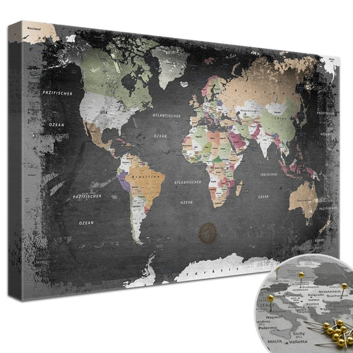 Puce Poppy graphite world map canvas wall art with cork pinboard for home improvement and decoration.