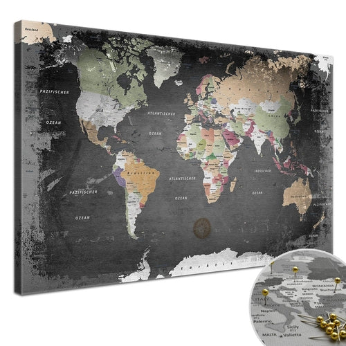 Graphite world map canvas wall art with cork pinboard from Puce Poppy, perfect for home office or living room decor.