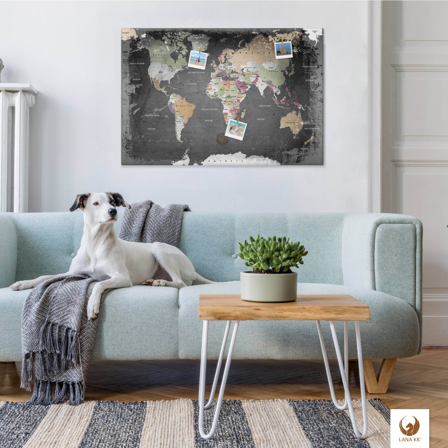 Puce Poppy graphite world map canvas wall art with cork pinboard, ideal for home improvement and organization.