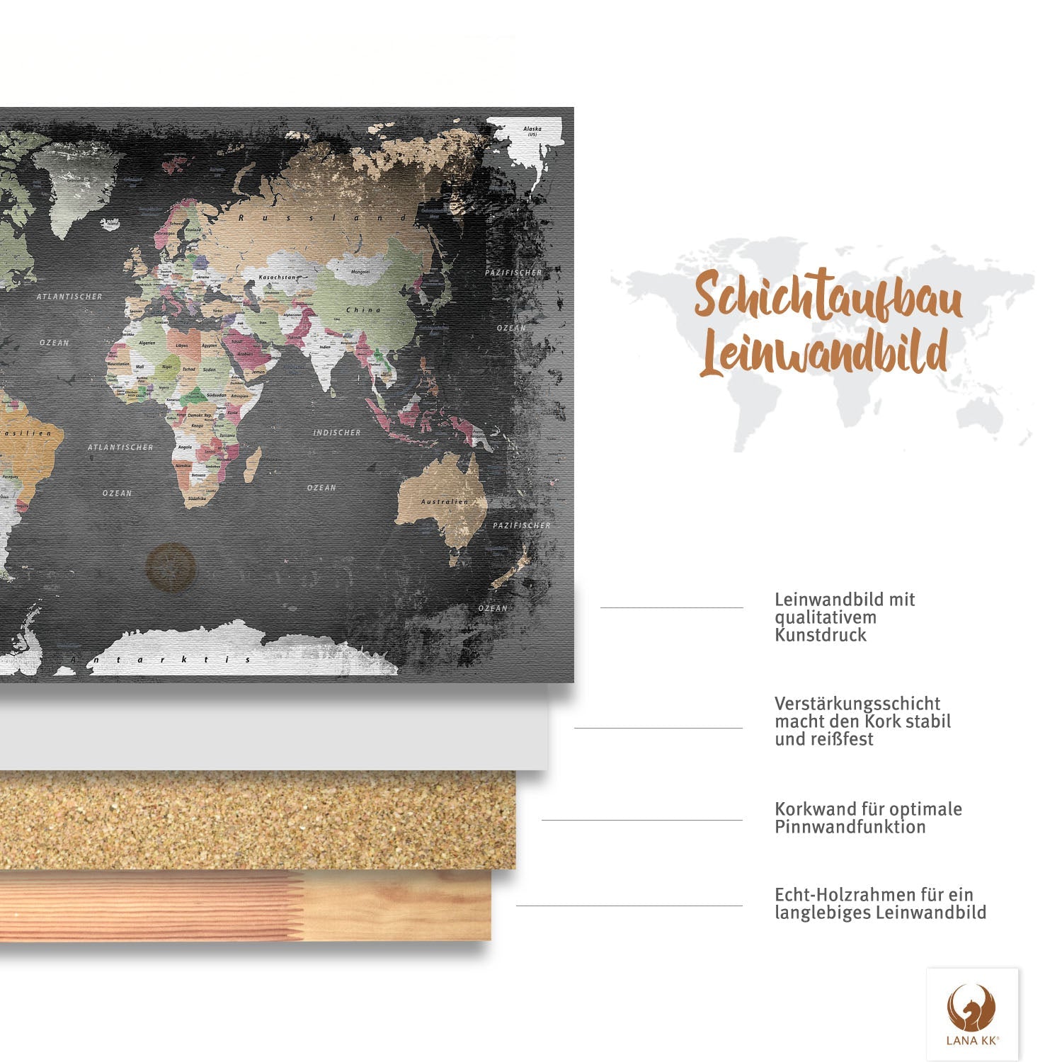 Puce Poppy graphite world map canvas wall art with cork pinboard for home improvement and organization.