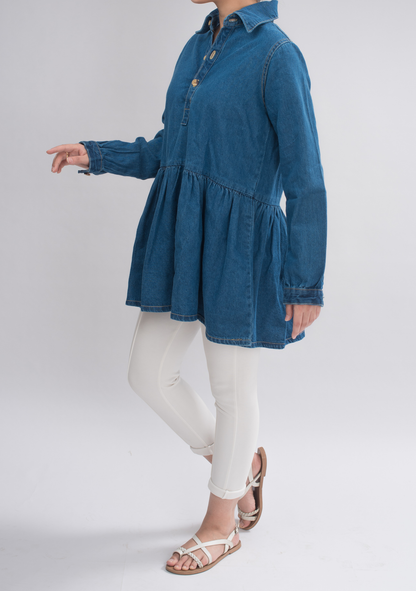Women wearing a stylish blue denim dress from Jade Eurynome, side view showcasing the casual, fashionable design.