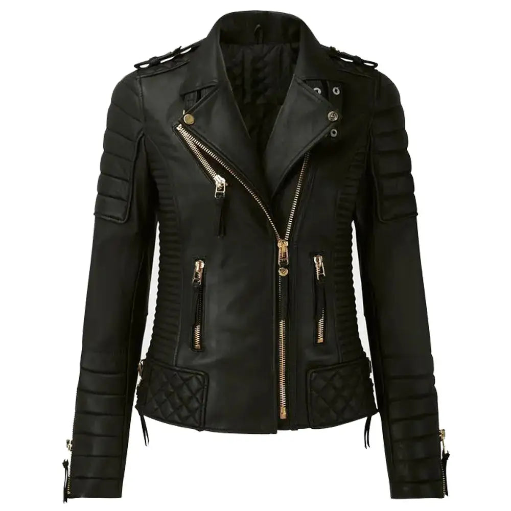 Women’s Classic Motorcycle Fashion Leather Jacket with Golden Zipper