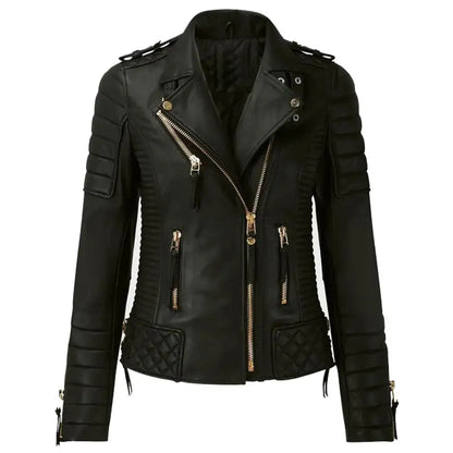 Women’s Classic Motorcycle Fashion Leather Jacket with Golden Zipper